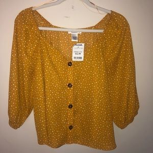 Yellow long sleeve polka dot blouse